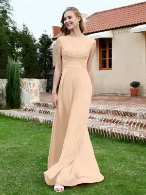 A-Line Chiffon Dress with Illusion Neckline Peach