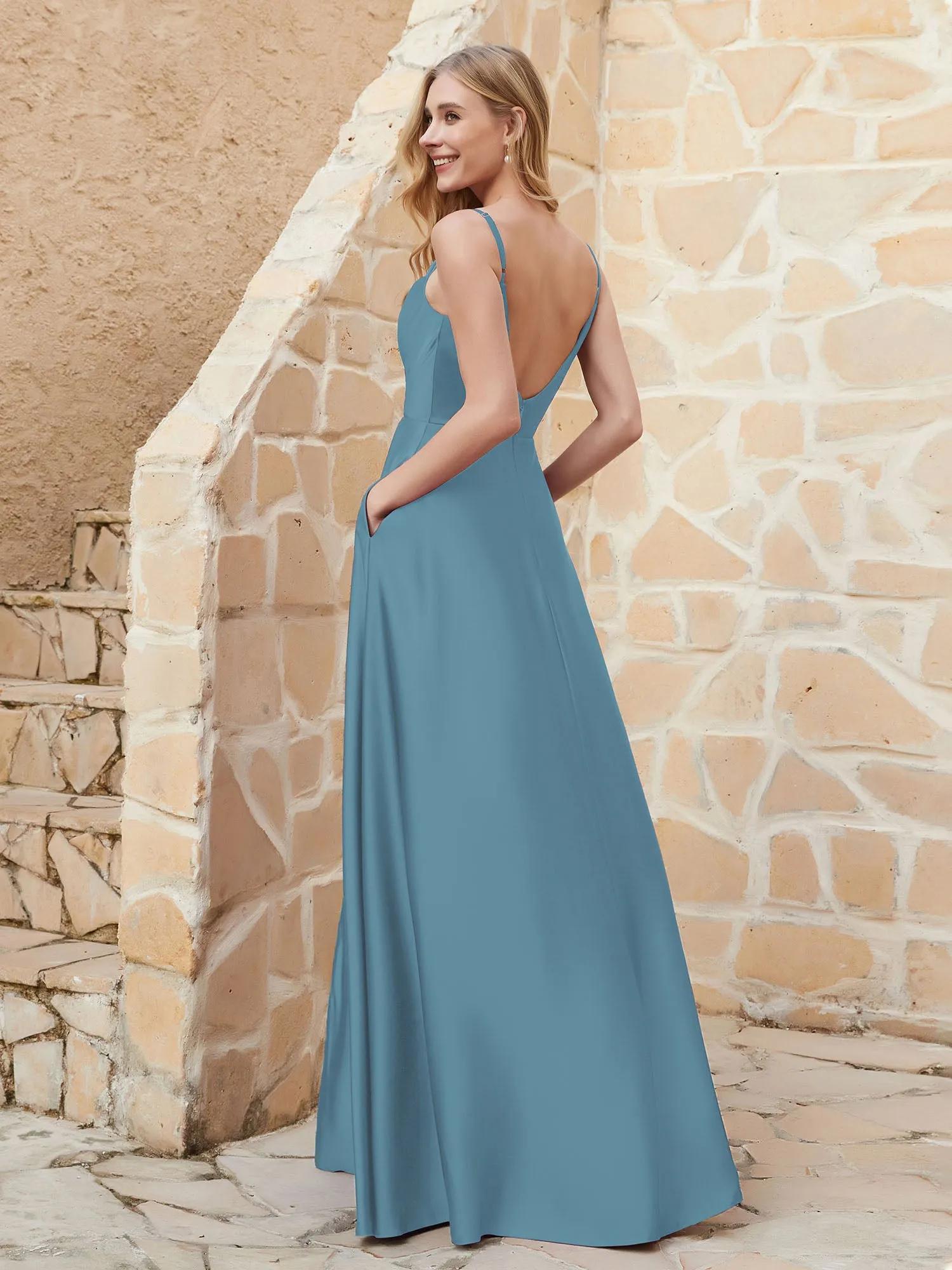 A-line Cowl Neck Satin Dress with Slit Slate Blue Plus Size