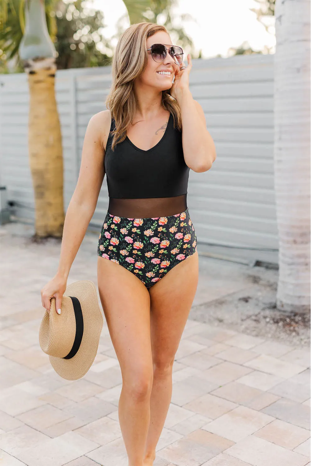 Black Floral Print Mesh One Piece Swimsuit