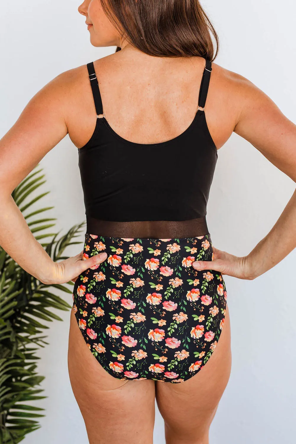 Black Floral Print Mesh One Piece Swimsuit