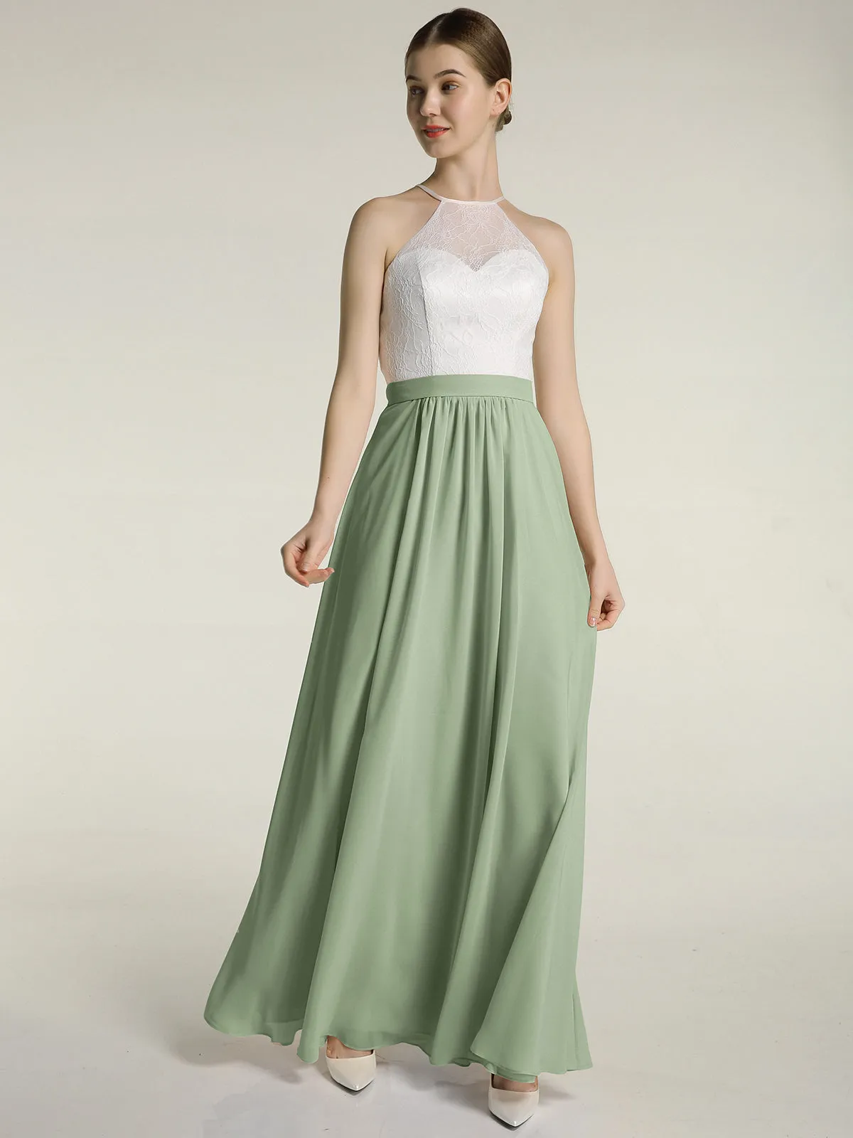 Chiffon Long Dresses with Ivory Lace Bodice-Dusty Sage