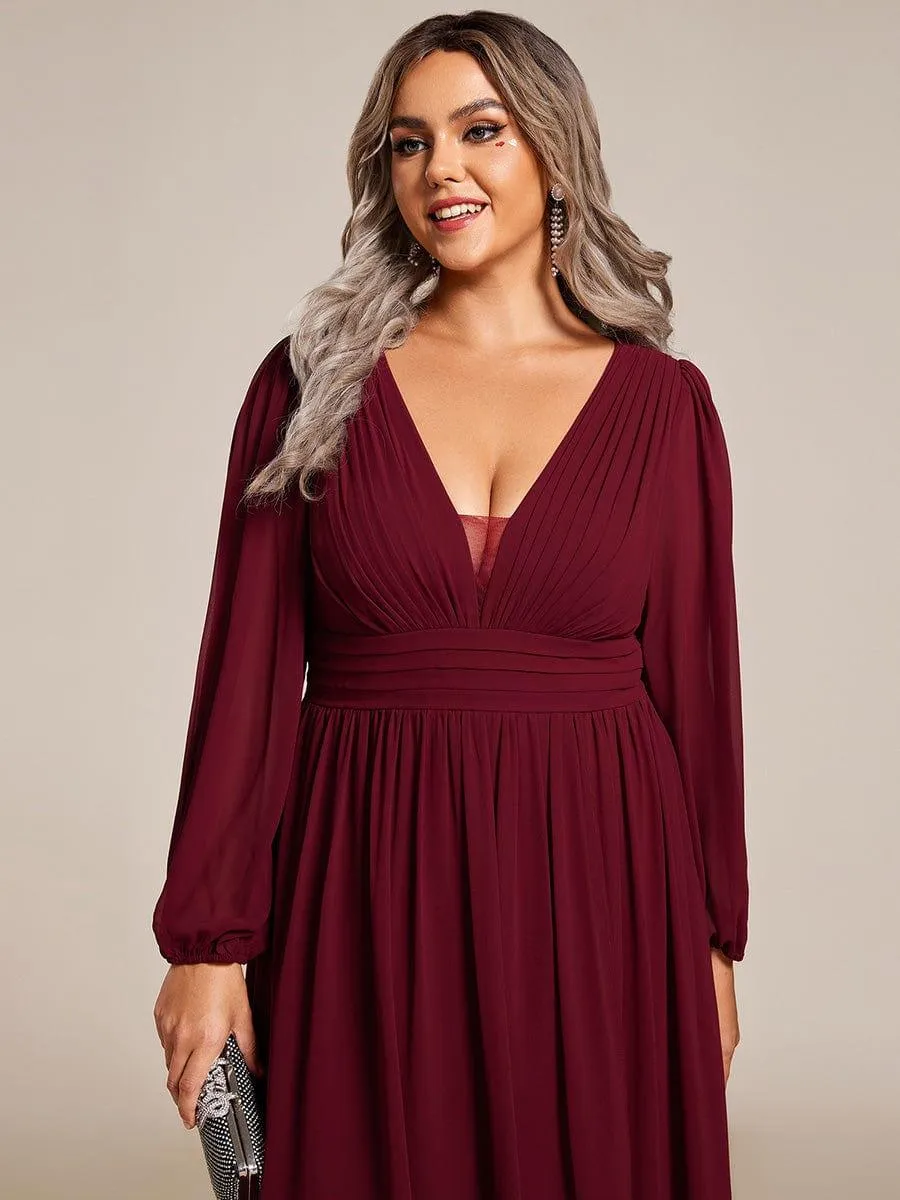 Elsie | Plus Size V-Neck Long Lantern Sleeves A-Line Chiffon Bridesmaid Dress