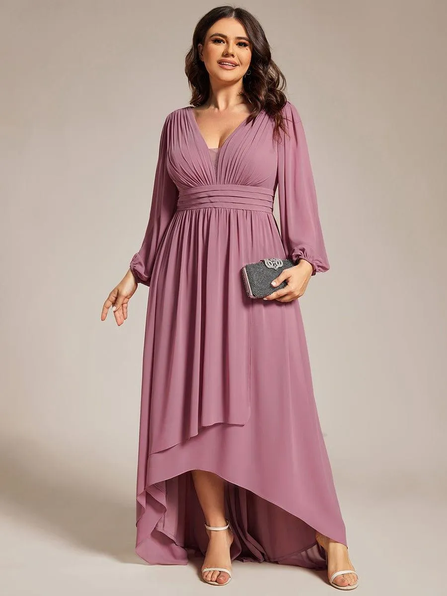 Elsie | Plus Size V-Neck Long Lantern Sleeves A-Line Chiffon Bridesmaid Dress