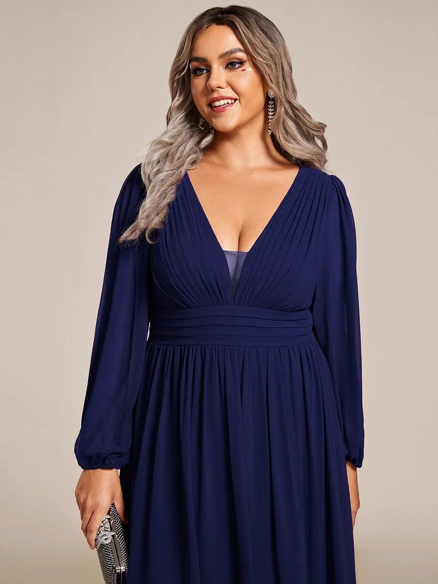 Elsie | Plus Size V-Neck Long Lantern Sleeves A-Line Chiffon Bridesmaid Dress