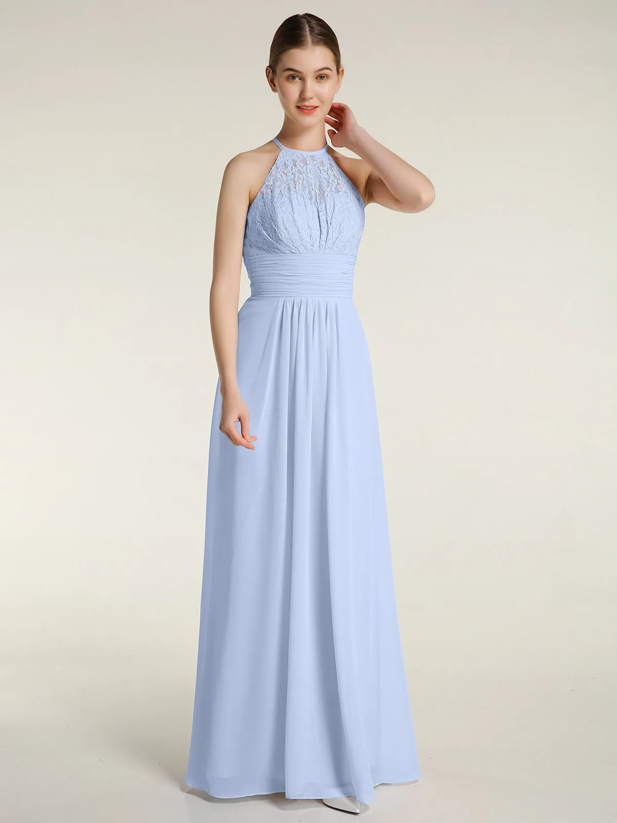 Halter Chiffon And Lace Long Dresses Sky Blue Plus Size