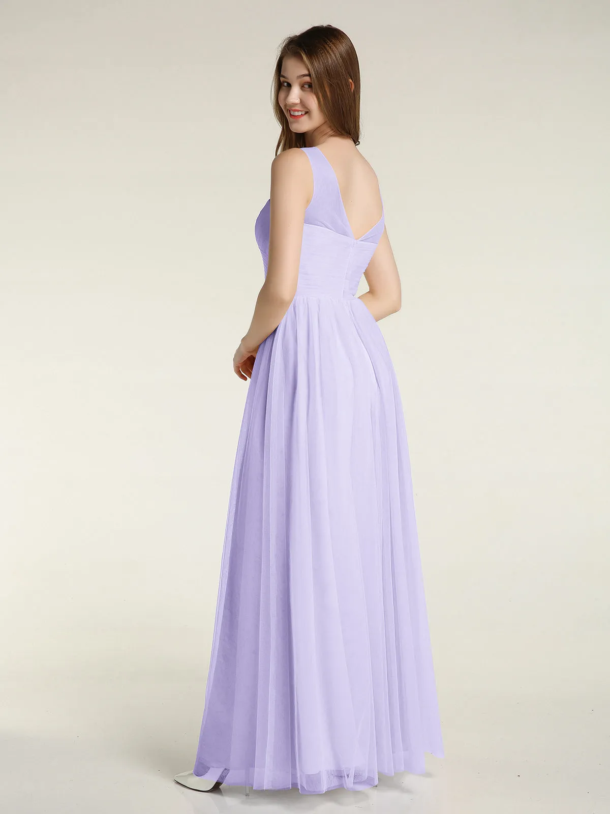 Illusion Neck Cross Tulle Bridesmaid Dresses-Lilac