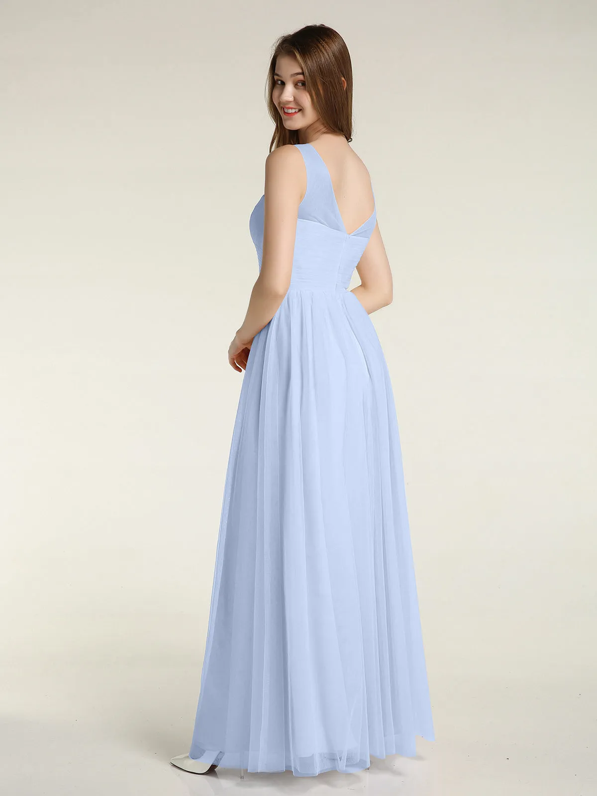 Illusion Neck Cross Tulle Bridesmaid Dresses-Sky Blue Plus Size