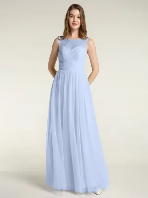 Illusion Neck Cross Tulle Bridesmaid Dresses-Sky Blue Plus Size