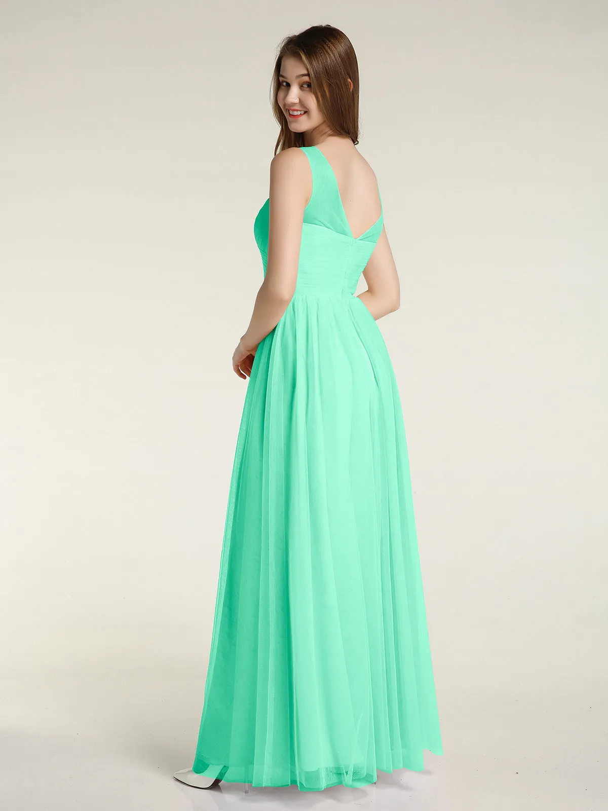 Illusion Neck Cross Tulle Bridesmaid Dresses-Turquoise