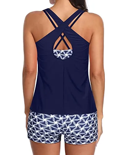 Modest Swim Tank Top With Bra Boy Shorts Teen Swimwear-Navy Blue Tribal