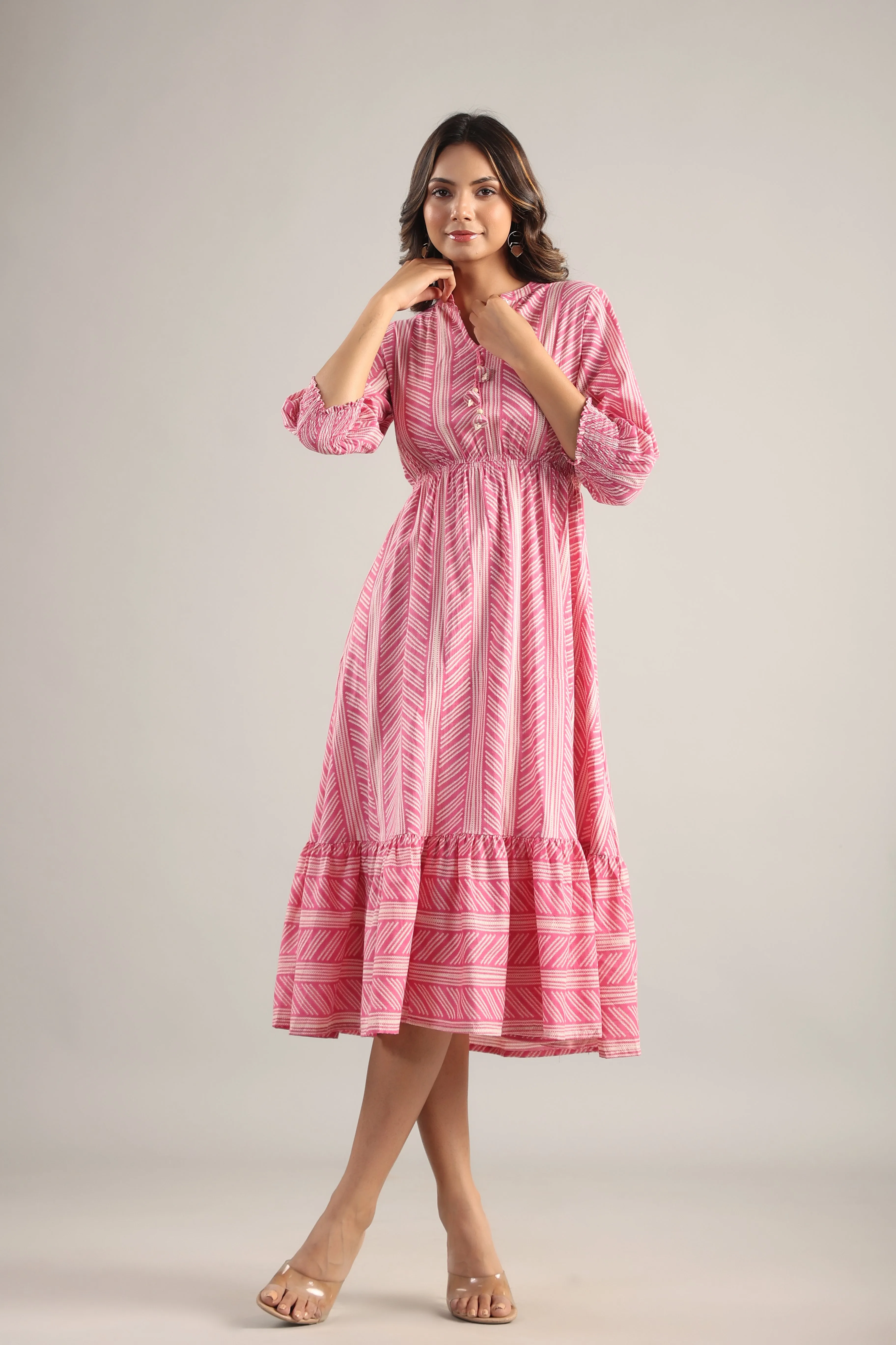 Patterned Shibori on Pink MIDI Cotton Dress