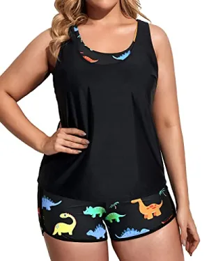 Plus Size Tankini Set With Sports Bra And Boy Shorts-Black Dinosaur