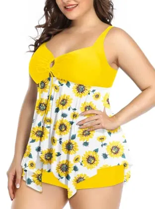Plus Size Tankini Top With Shorts Swimsuits For Women Tummy Control-Sunflower